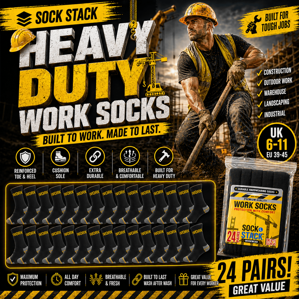 Sock Stack Mens Heavy Duty Work Socks 24 Pairs Cushion Sole Reinforced Toe And Heel Black Boot Socks EU 39-45 UK 6-11 For Construction And Outdoor Use