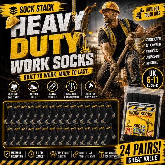 Sock Stack Mens Heavy Duty Work Socks 24 Pairs Cushion Sole Reinforced Toe And Heel Black Boot Socks EU 39-45 UK 6-11 For Construction And Outdoor Use