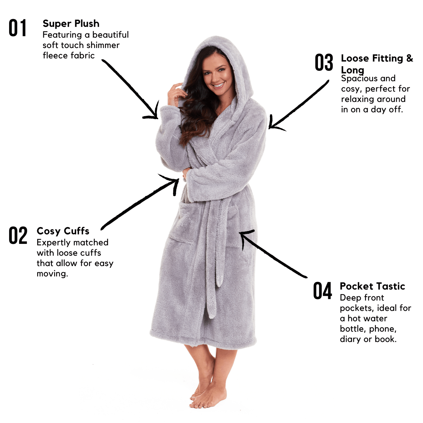 OLIVIA ROCCO Hooded Robe Women Grey Velvet Touch Fleece Luxuriously Soft Durable Loungewear Dressing Gown UK Sizes 8 to 22 Comfort