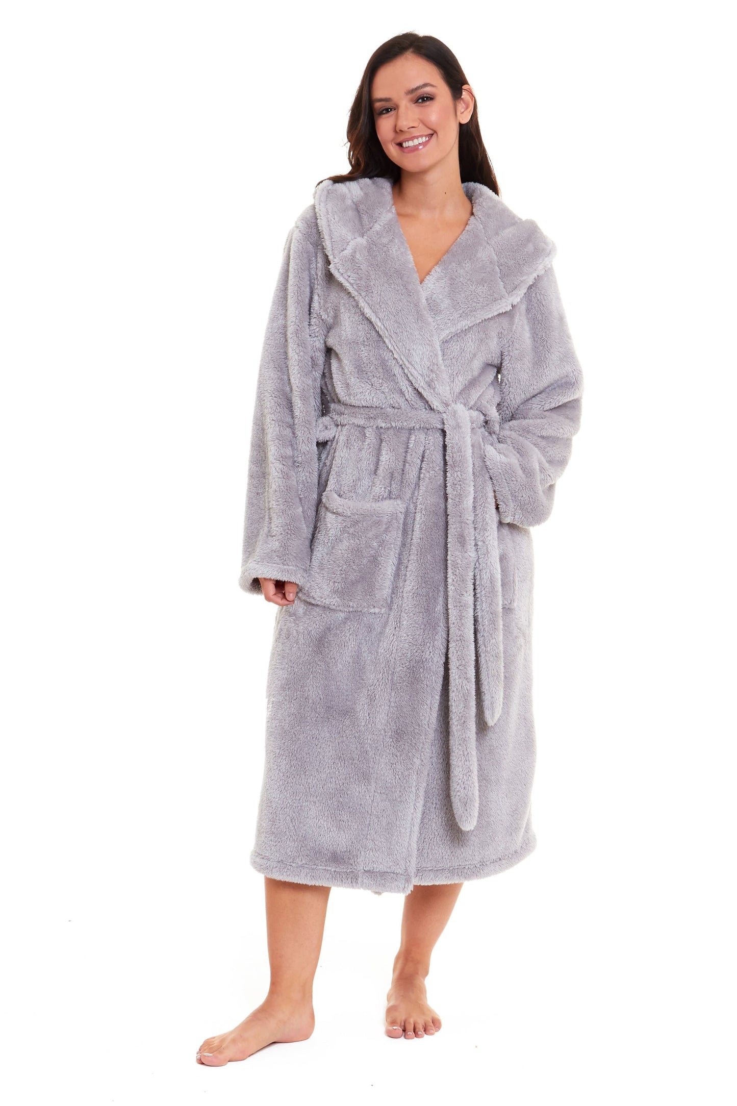 OLIVIA ROCCO Hooded Robe Women Grey Velvet Touch Fleece Luxuriously Soft Durable Loungewear Dressing Gown UK Sizes 8 to 22 Comfort