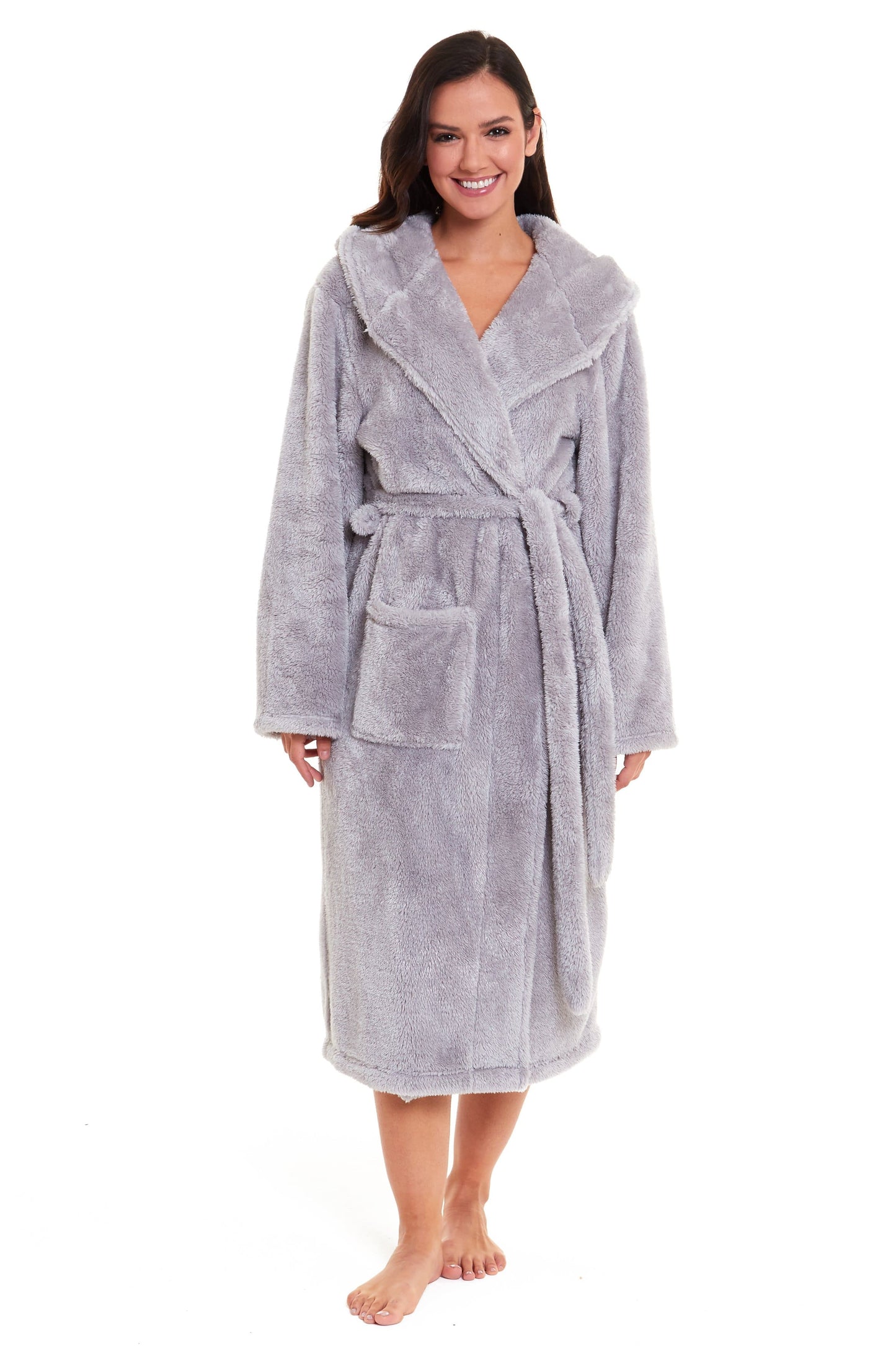 OLIVIA ROCCO Hooded Robe Women Grey Velvet Touch Fleece Luxuriously Soft Durable Loungewear Dressing Gown UK Sizes 8 to 22 Comfort
