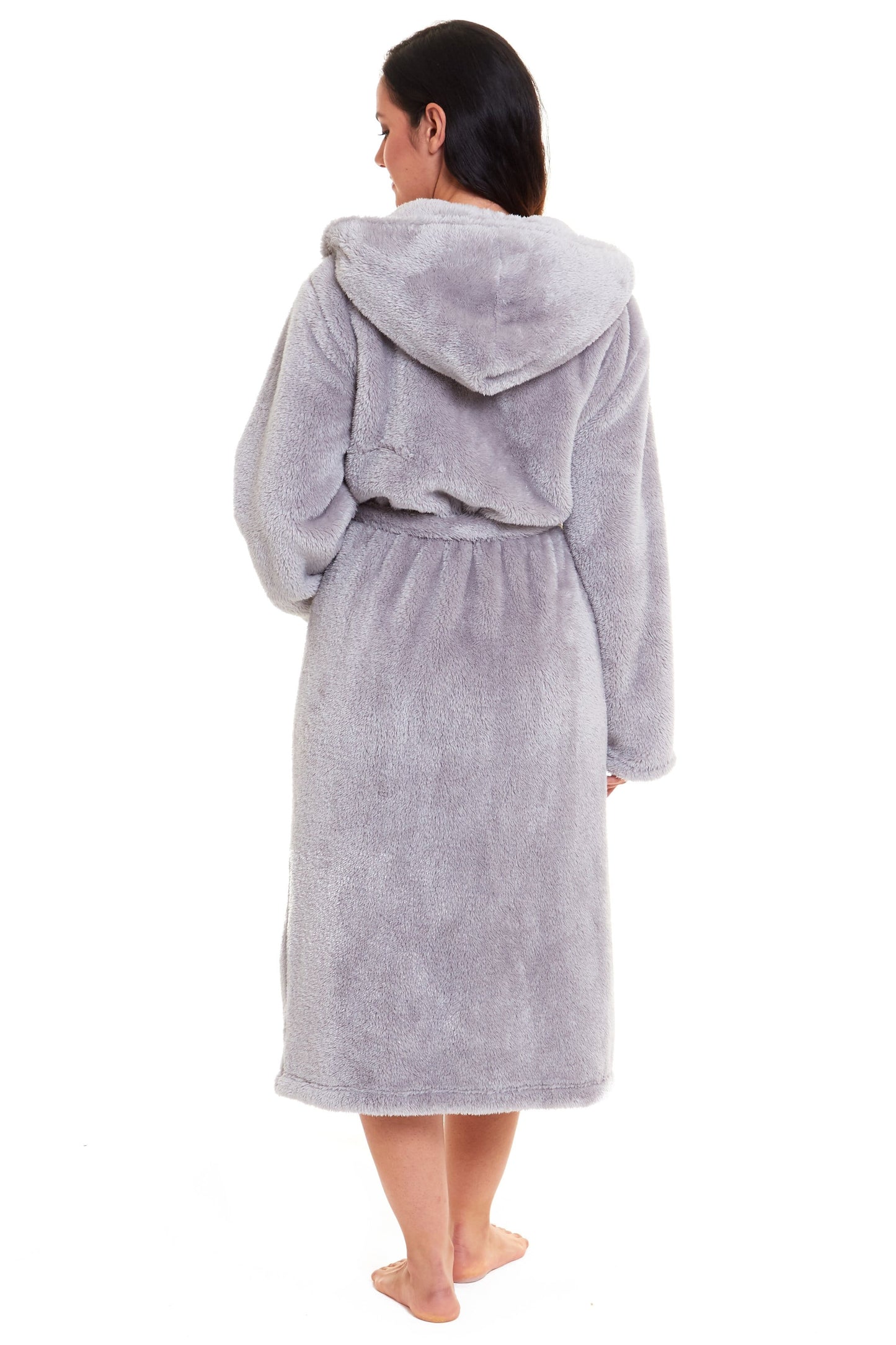 OLIVIA ROCCO Hooded Robe Women Grey Velvet Touch Fleece Luxuriously Soft Durable Loungewear Dressing Gown UK Sizes 8 to 22 Comfort